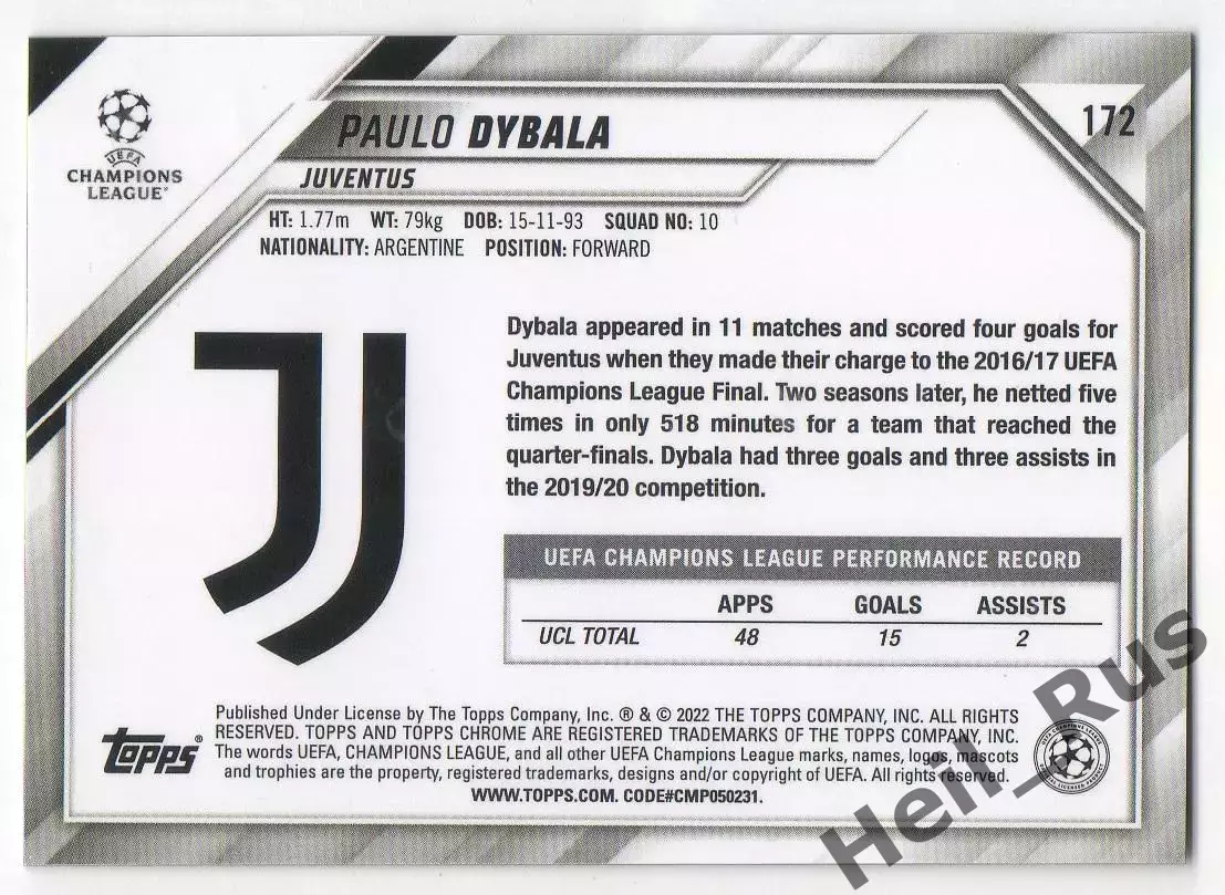 Футбол Карточка Пауло Дибала Ювентус, Рома, Палермо Лига Чемпионов 2021-22 TOPPS 1