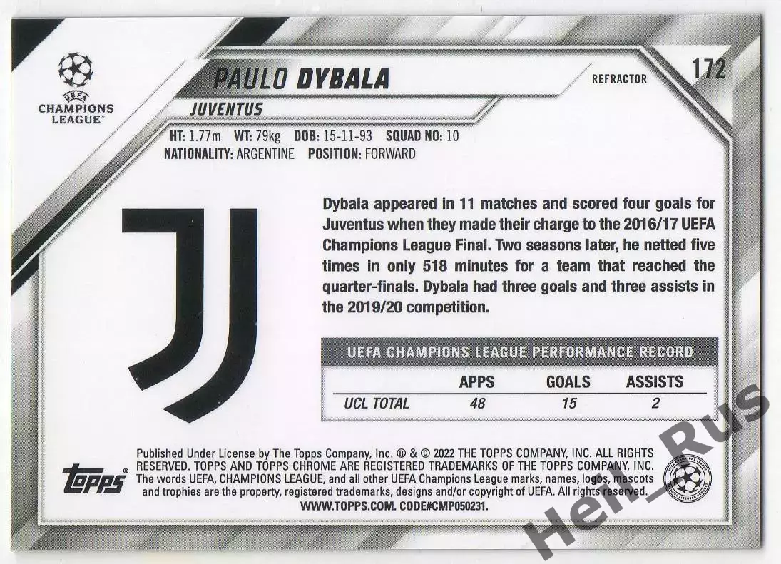 Футбол Карточка Пауло Дибала Ювентус, Рома, Палермо Лига Чемпионов 2021-22 TOPPS 1