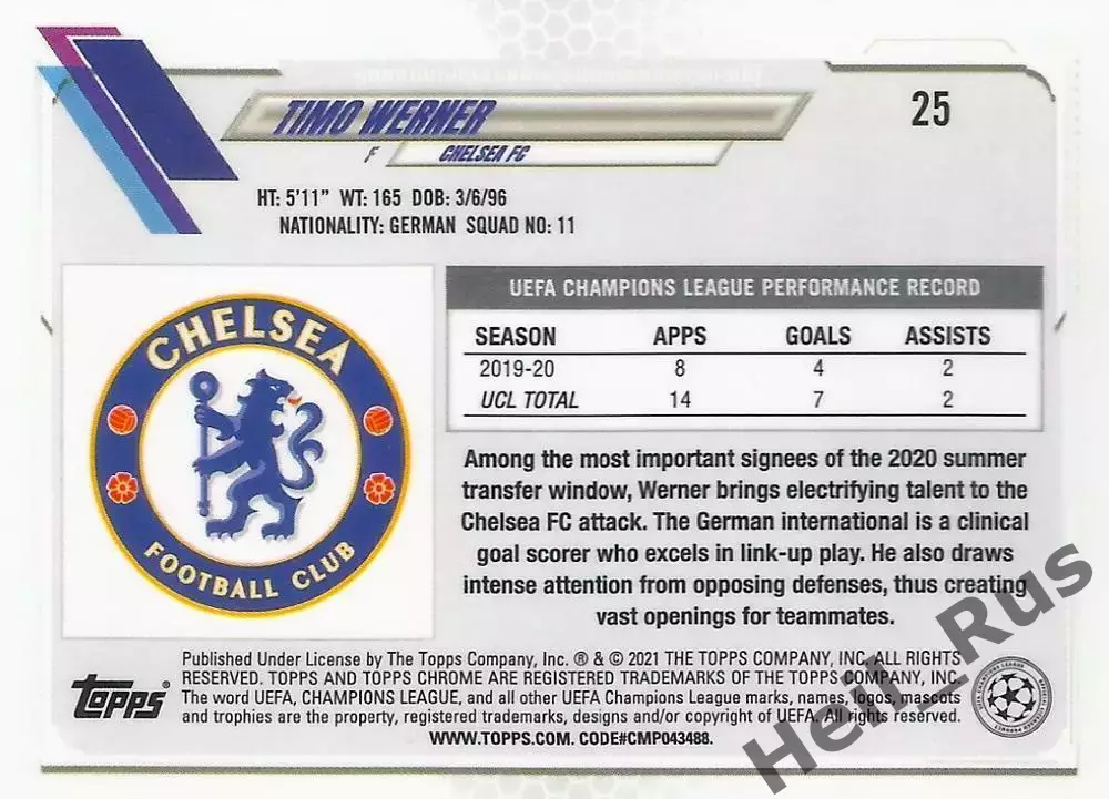Карточка Тимо Вернер Челси, РБ Лейпциг, Тоттенхэм Хотспур Лига Чемпионов 2020-21 1