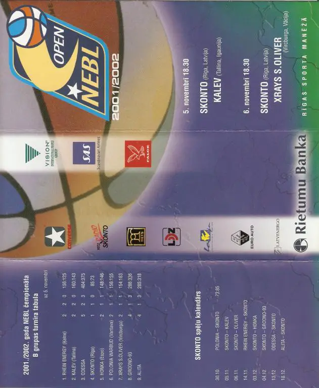 Баскетбол. БК Сконто Рига ( Латвия) - БК Калев Таллинн -4.11.2001