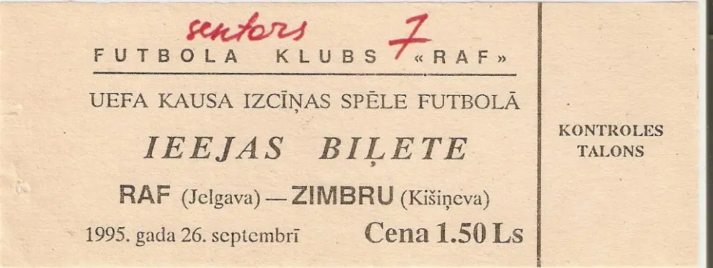 Билет. РАФ Елгава - Зимбру Кишинев (Молдова) - 1995-96