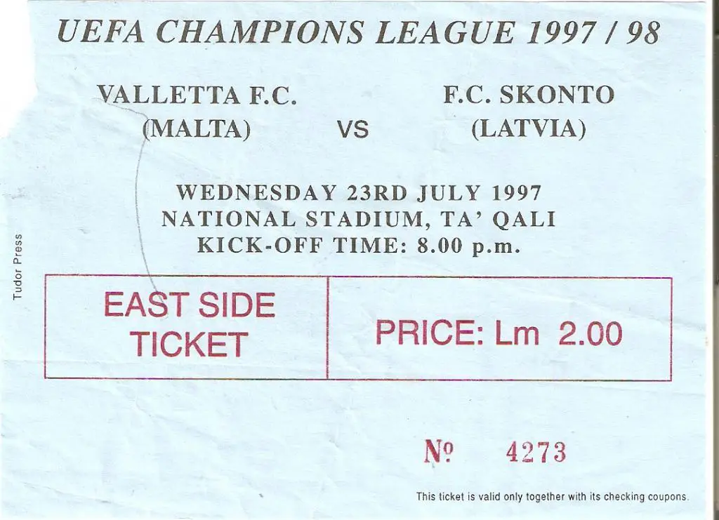 Билет. Ла Валлетта Мальта - Сконто Рига - 1997-98