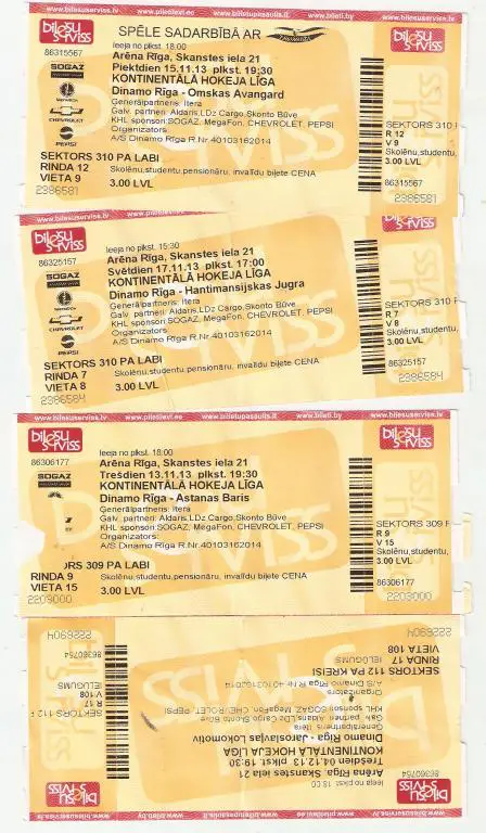 Хоккей. Билет Динамо Рига - Югра - 2013-14.