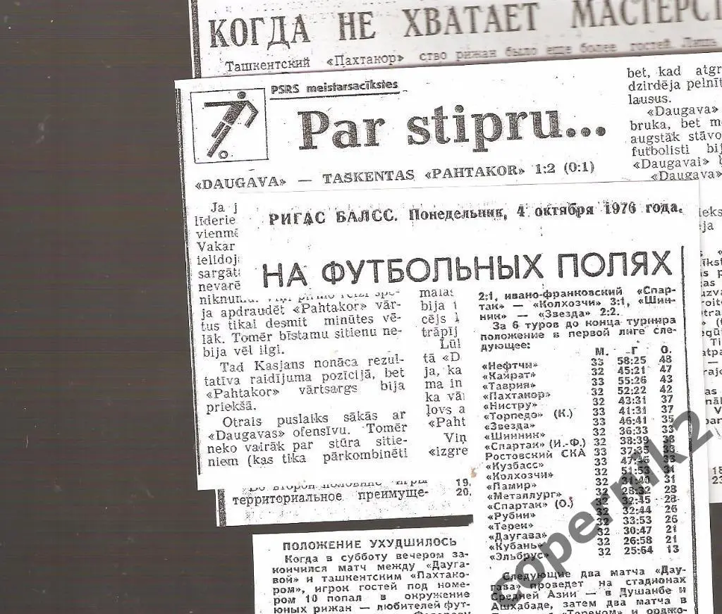 Даугава Рига - Пахтакор Ташкент - 02.10.1976(из 3-х рижск.газет ) возм. обмен