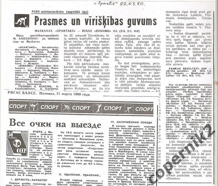 Хоккей. Чемпионат СССР. - Спартак Москва - Динамо Рига - 20.03.1980