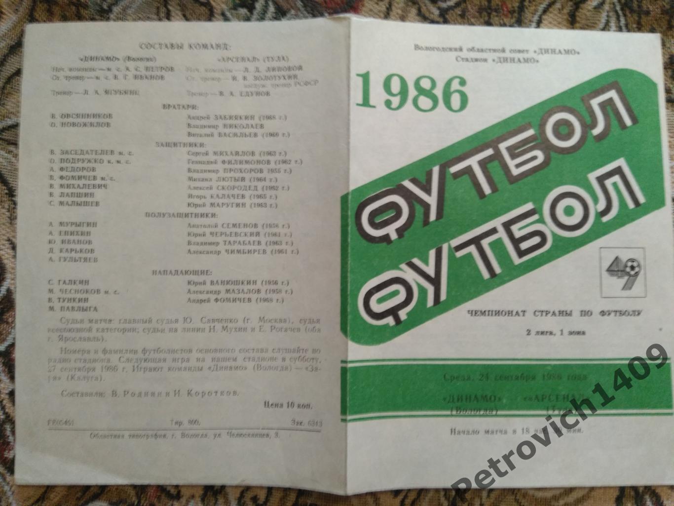 Динамо Вологда - Арсенал Тула 24 сентября 1986 год