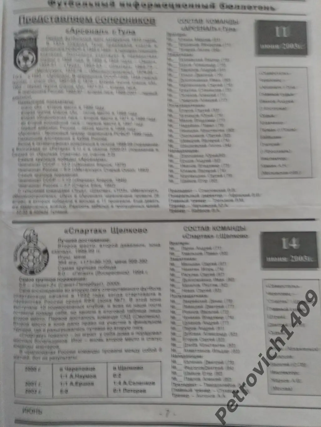 Северсталь Череповец Арсенал Тула , Спартак Щелково 11.06.2003 ,14.06.2003 1