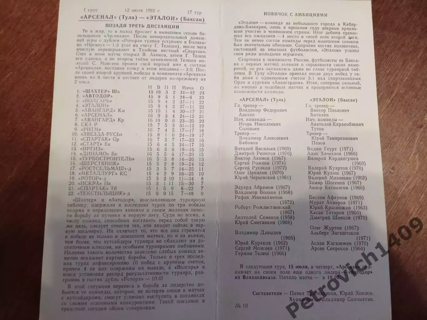Арсенал Тула Эталон Баксан 12 июля 1992 год