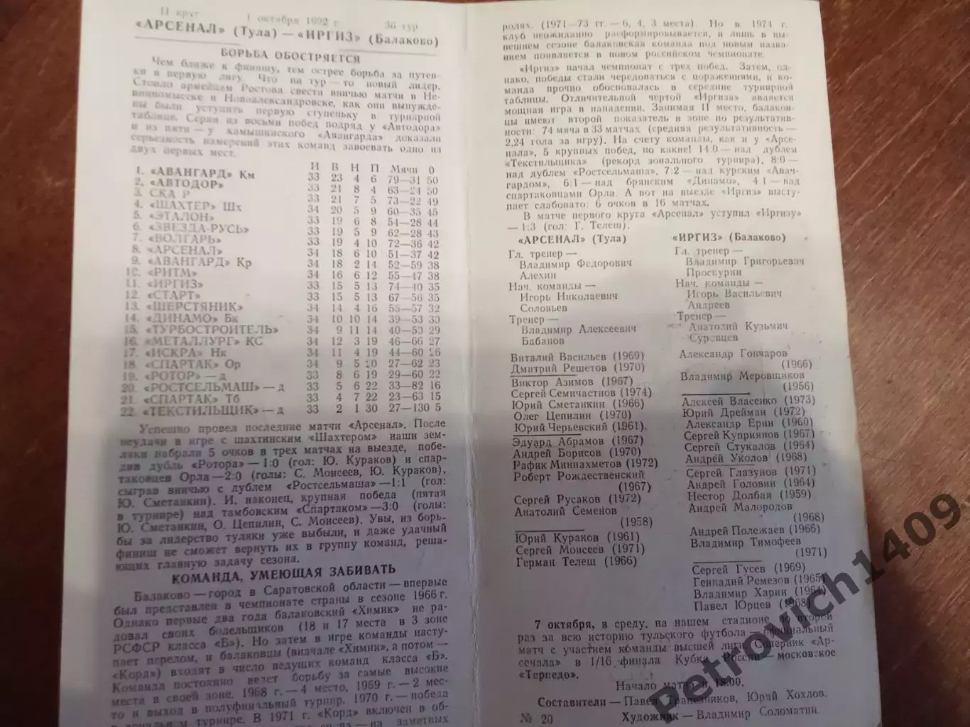 Арсенал Тула Иргиз Балаково 1 октября 1992 год