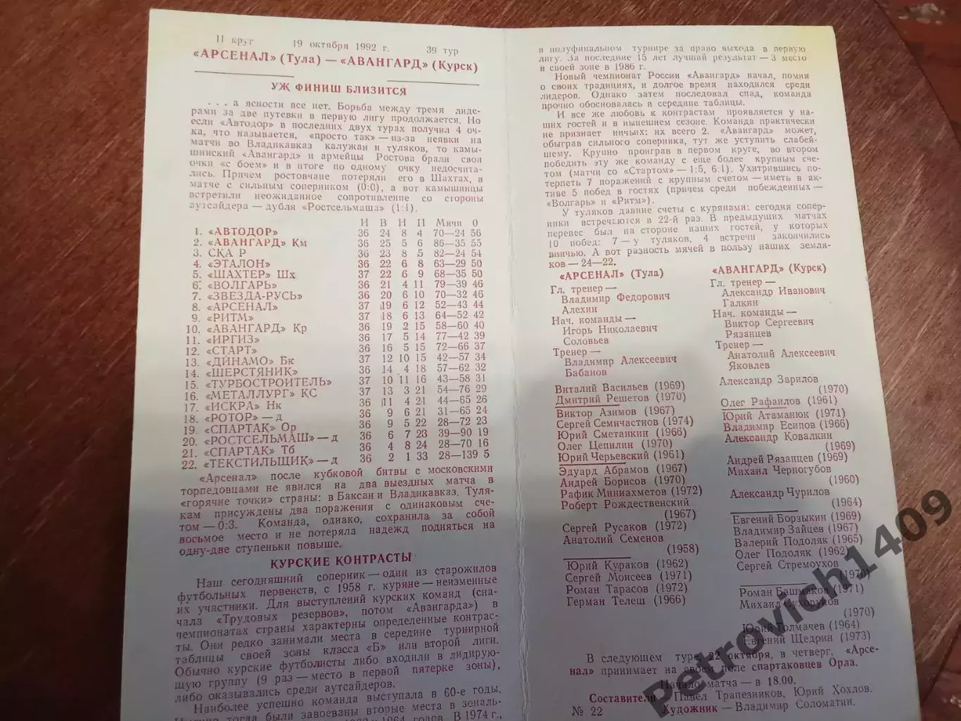 Арсенал Тула Авангард Курск 19 октября 1992 год