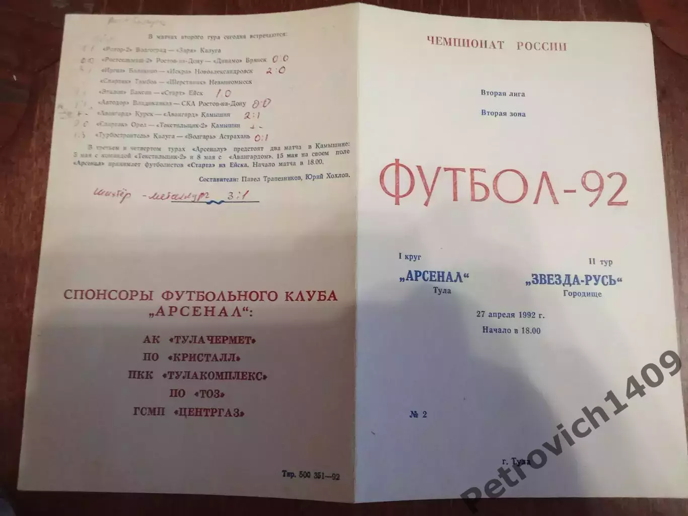 Арсенал Тула Звезда Городище 27 апреля 1992 .
