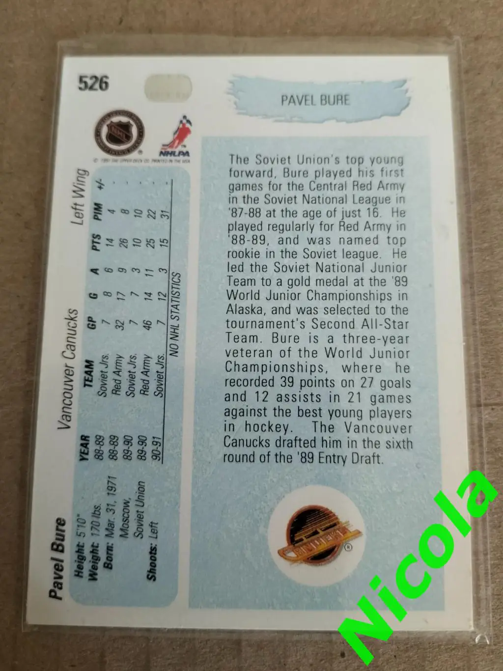 Карточка Павел Буре СССР,ЦСКА,Ванкувер 1