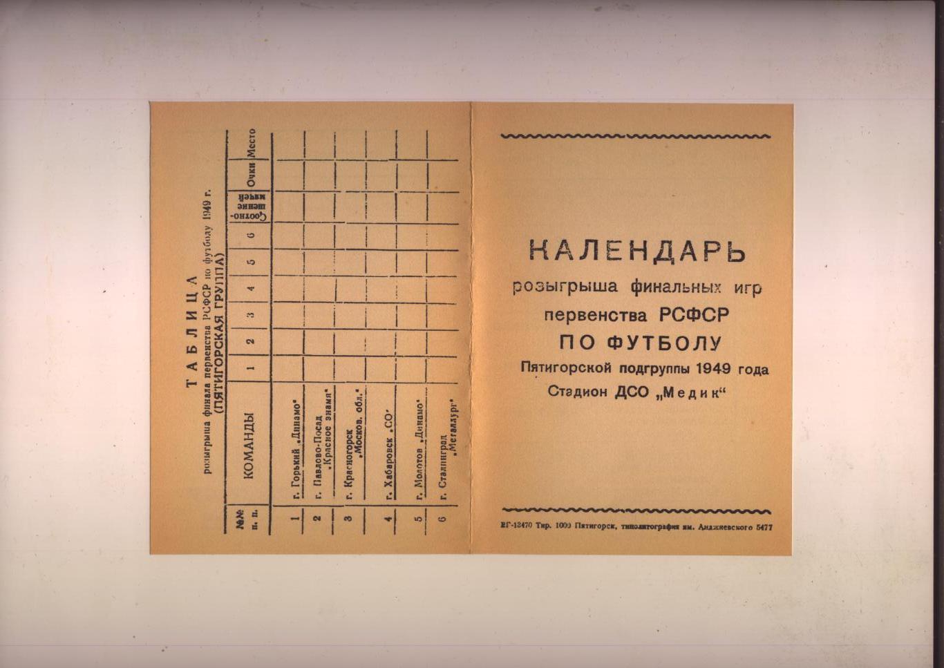 Календарь розыгрыша ФИНАЛьных игр Пер-ва РСФСР по футболу 1949 Участники см ниже