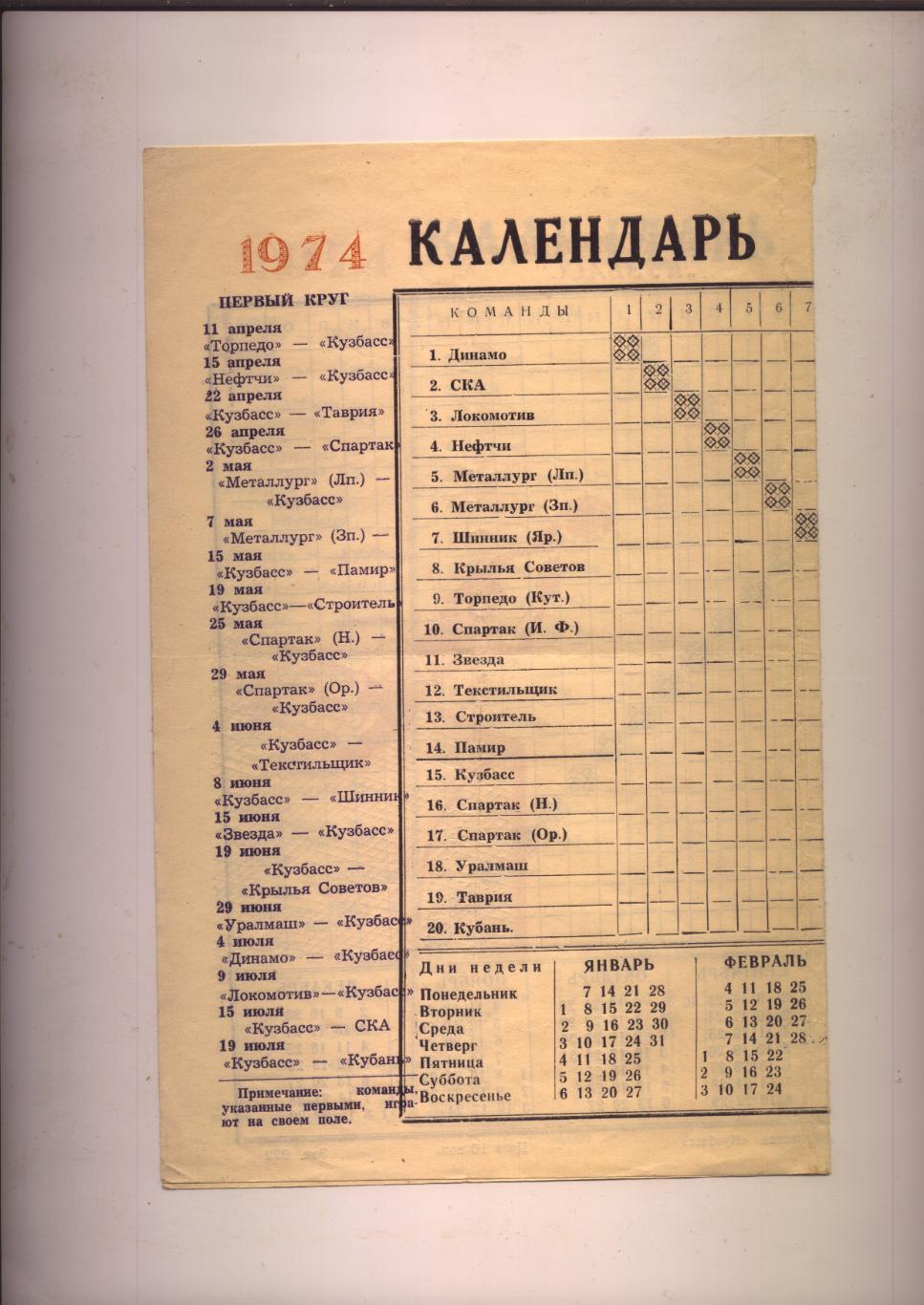 Футбол Календарь игр команды Кузбасс Кемерово 1974 Первый и второй круг