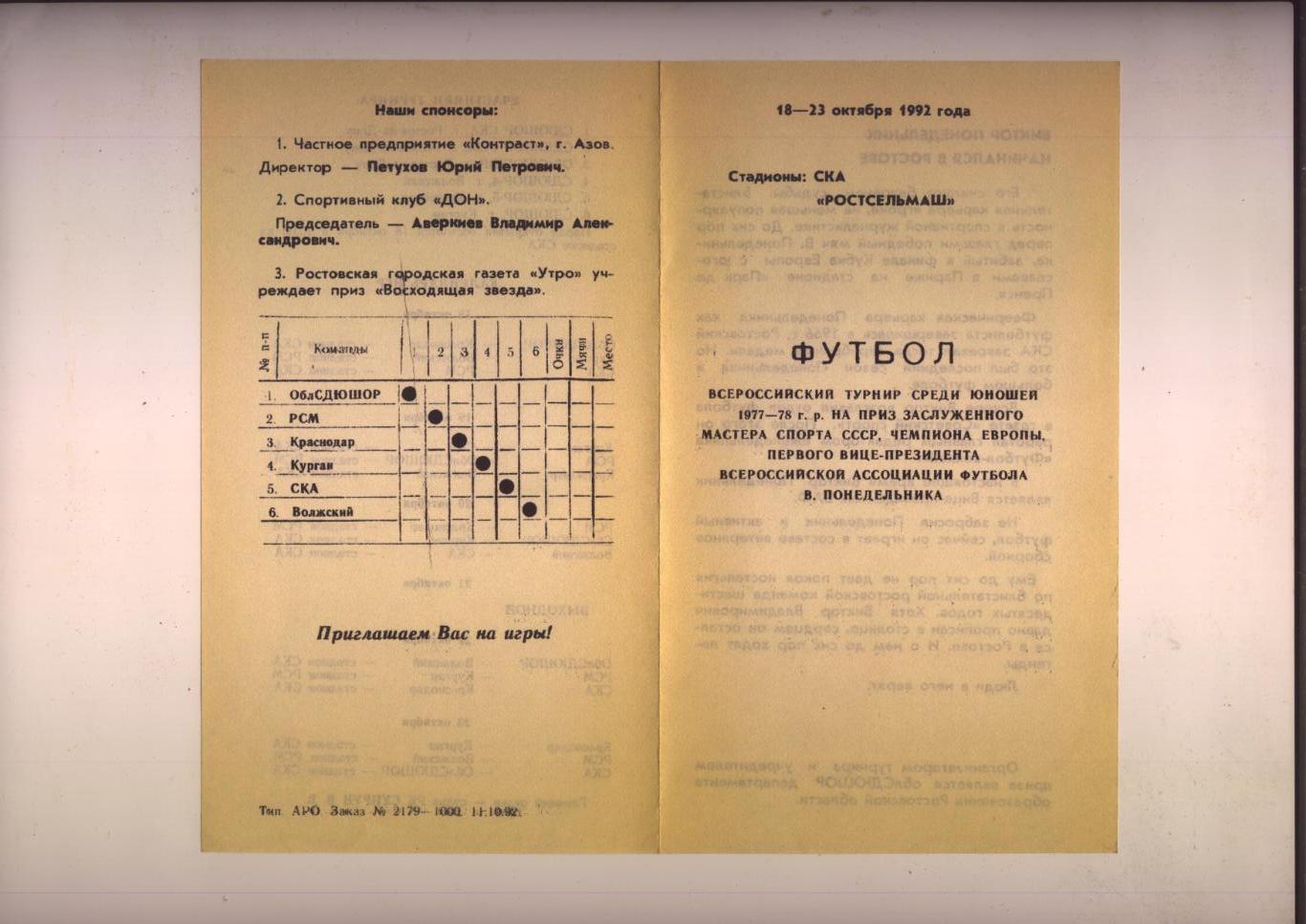 Футбол Всероссийский турнир Понедельника 1992 Участников см. на фото