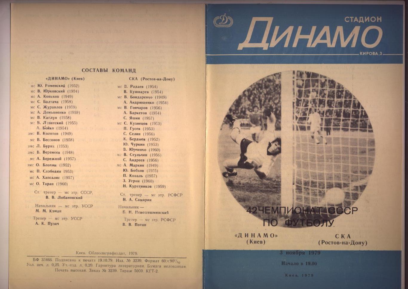 Программа Чемпионат СССР Динамо Киев - СКА Ростов-на-Дону 03 11 1979