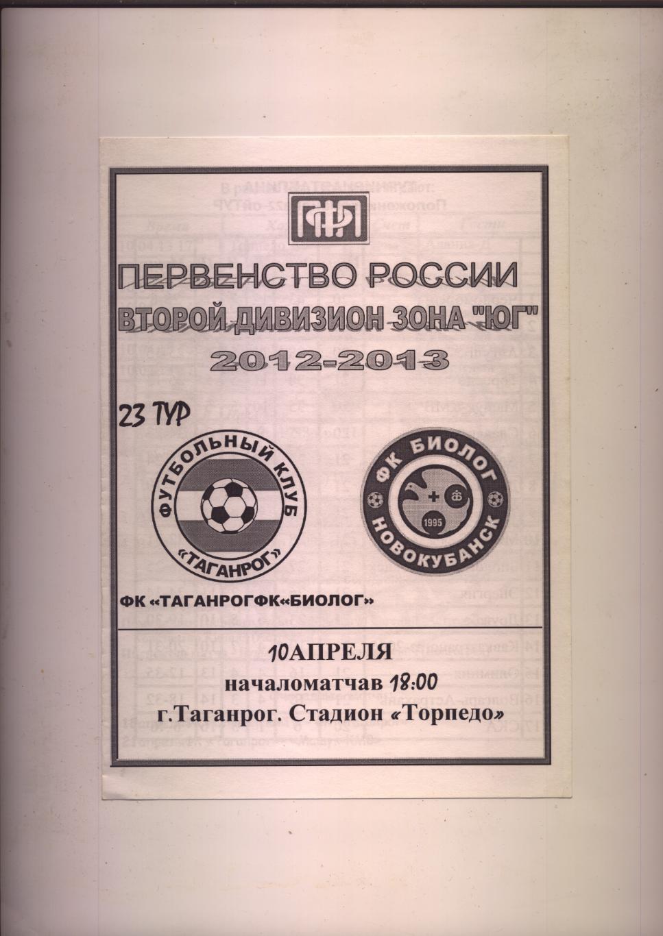 Программа Футбол Первенство РФ ФК Таганрог - ФК Биолог Новокубанск 10 04 2013