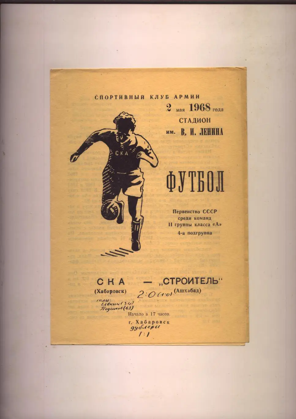 Программа Первенство СССР СКА Хабаровск - Строитель Ашхабад 02 05 1968