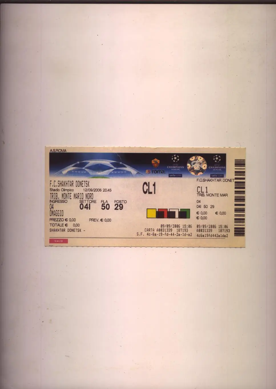 Билет Футбол Лига Чемпионов Рома Италия - Шахтер Донецк 12 09 2006