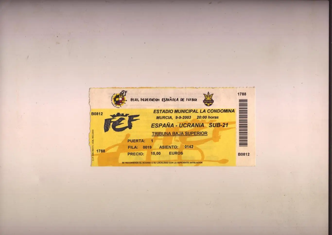 Билет Футбол Чемпионат Европы Испания мол. - Украина мол. 09 09 2003