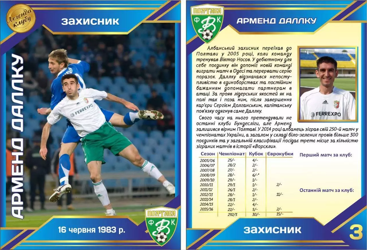 Колекційна картка. Ворскла Полтава. Легенди клубу. Комплект (20 шт., опис) 3
