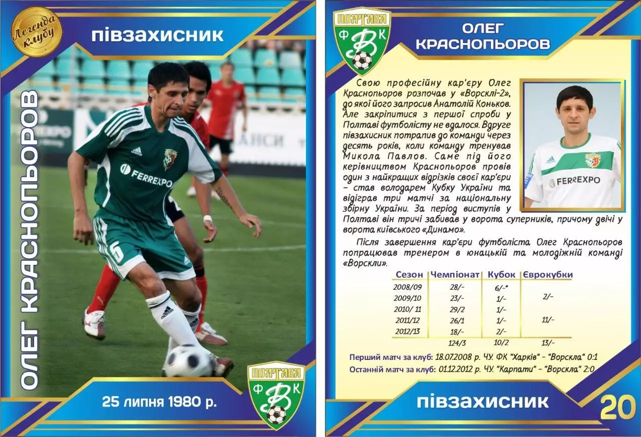 Колекційна картка. Ворскла Полтава. Легенди Клубу. Олег Краснопьоров (20)
