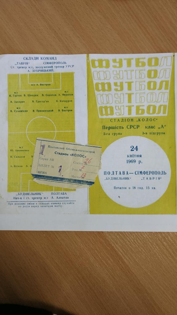 1969 Строитель (Полтава) - Таврия (Симферополь) 24.04. Программа (скан) + билет