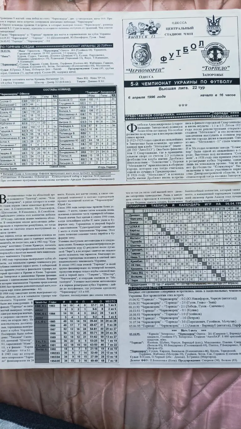 1995/1996 Черноморец Одесса - Торпедо Запорожье. Альтернатива (Оригинал!)