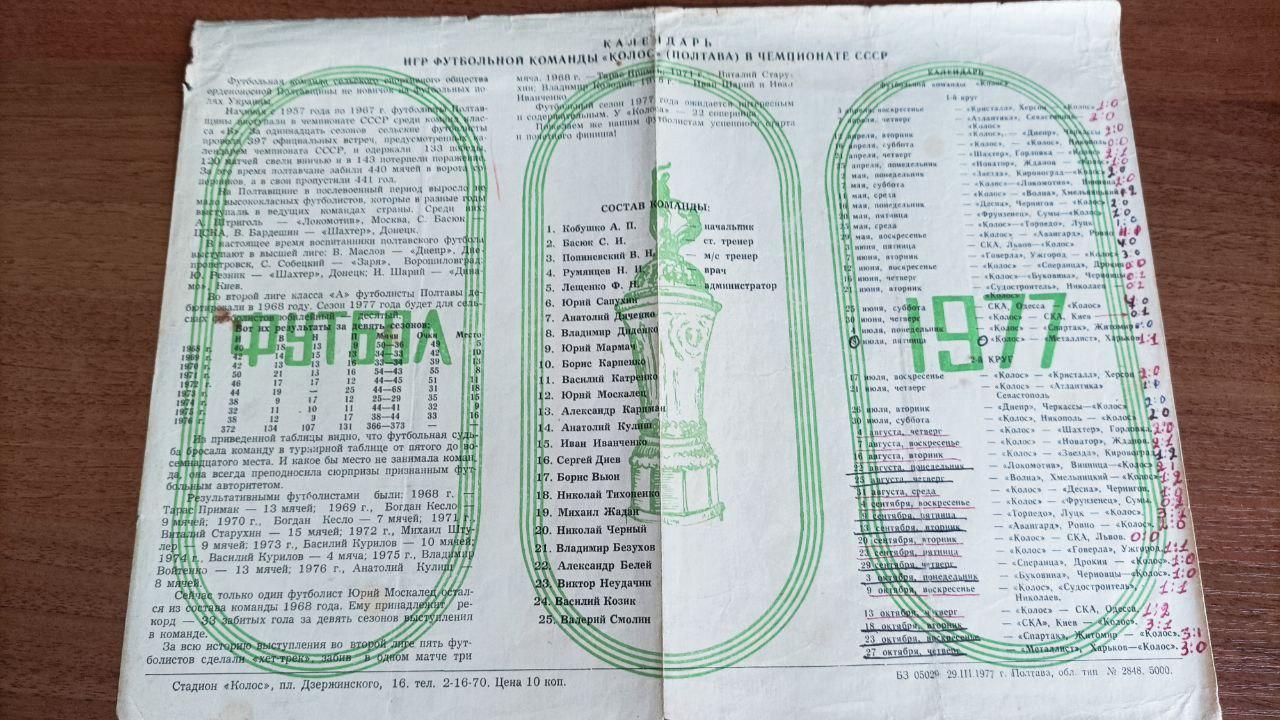 1977 Колос Полтава программа сезона