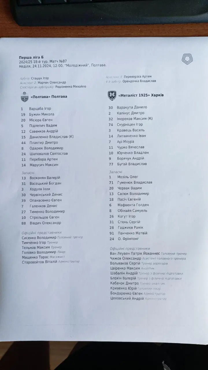 2024/2025 СК Полтава - Металлист 1925 Харьков. Протокол