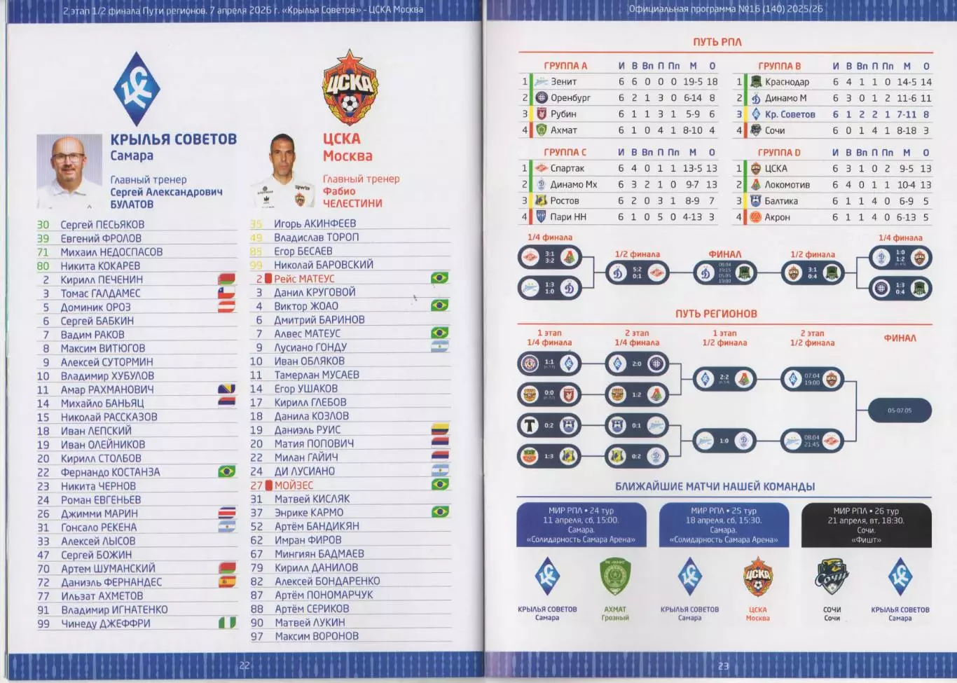 Программка матча Крылья Советов Самара -ЦСКА. 7 апреля 2026 года. Кубок России. 7