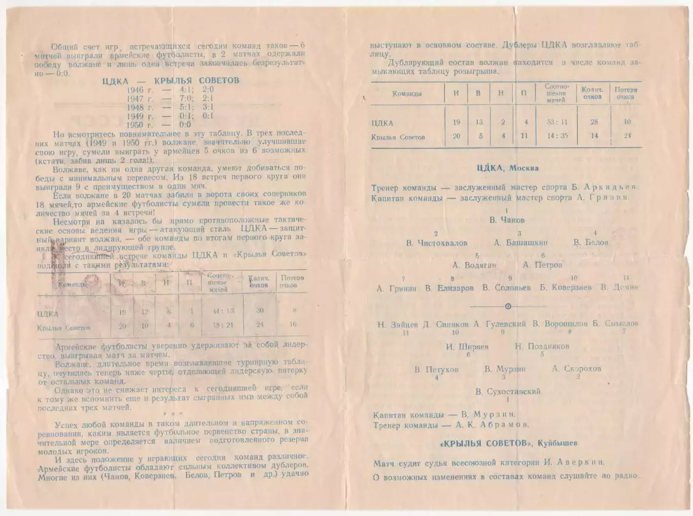 Программка матча ЦДКА - Крылья Советов Куйбышев. 22 июля 1950 г Москва, Динамо. 1