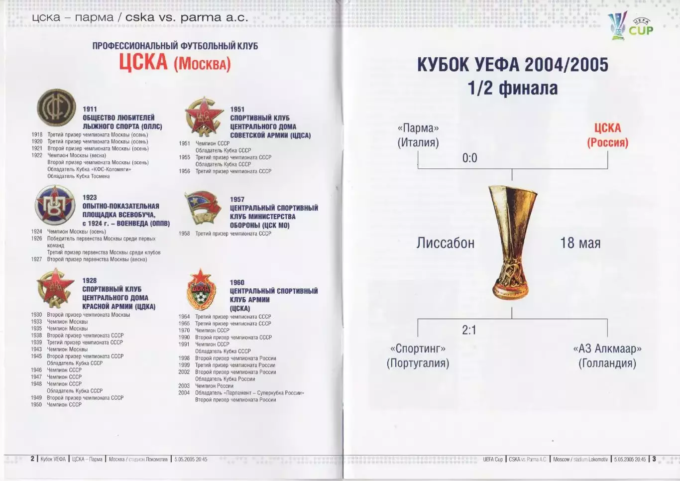 Программка матча ЦСКА - Парма (Италия). 5 мая 2005 года. Кубок УЕФА. Полуфинал 1