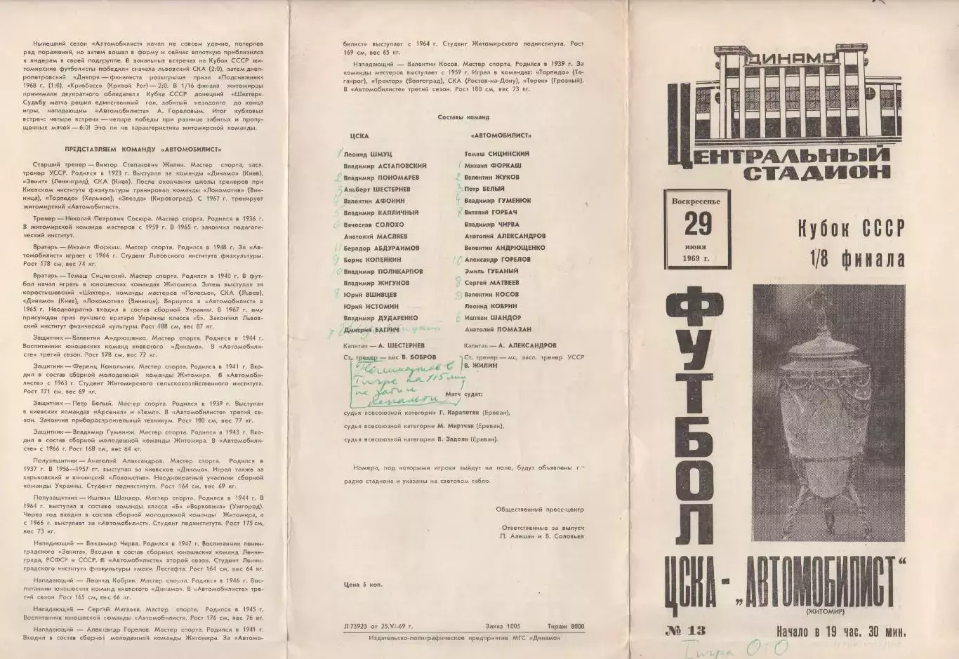 Программка матча ЦСКА - Автомобилист Житомир. 29 июня 1969 года. Кубок СССР. 1