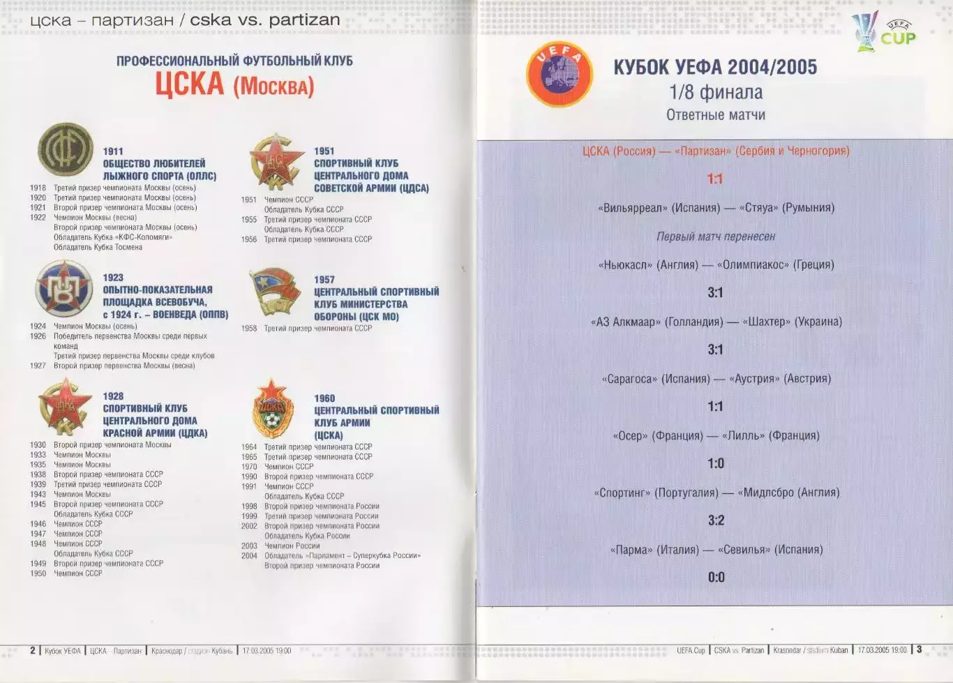 Программка матча ЦСКА - Партизан Белград. 17 марта 2005 года. Кубок УЕФА. 1