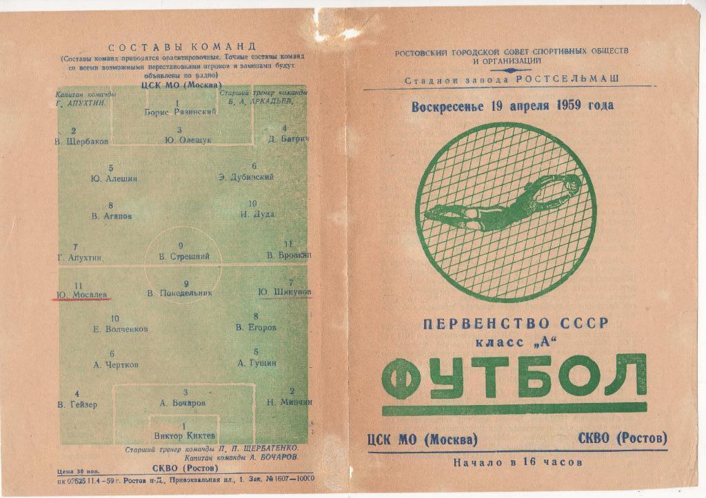 Программка ЦСК МО - СКВО (Ростов), 19 апреля 1959 года, стадион Ростсельмаш. 1