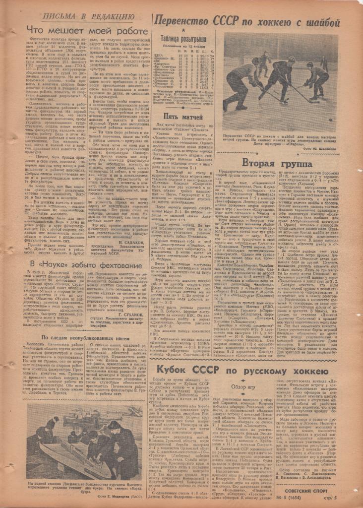 Советский спорт, 5 и 12 января 1950 г. Дангулов Шахтер, Спартак, Якушин, Динамо. 6