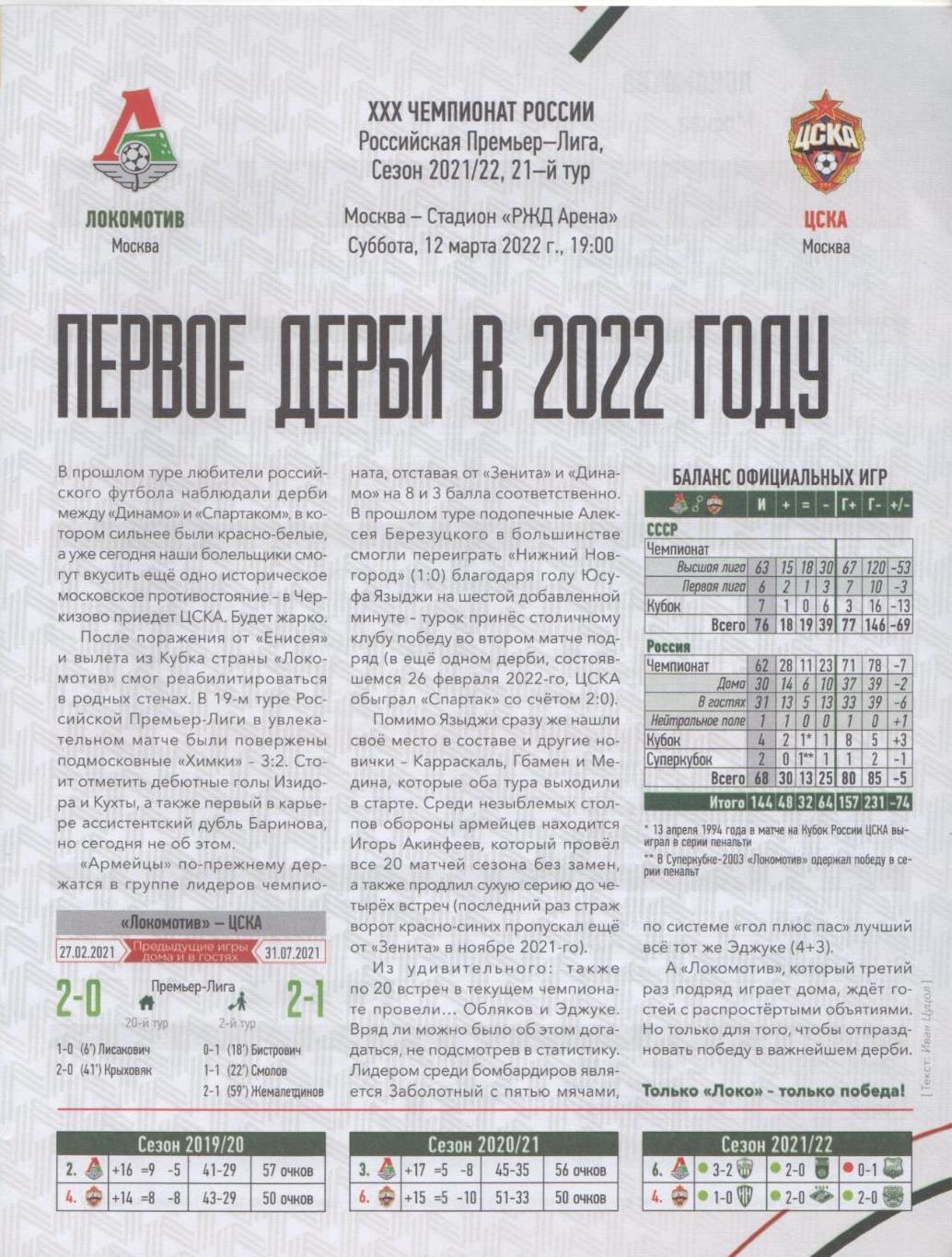 Программка Локомотив Москва - ЦСКА. 12 марта 2022 г. РЖД Арена. Даниил Худяков. 2