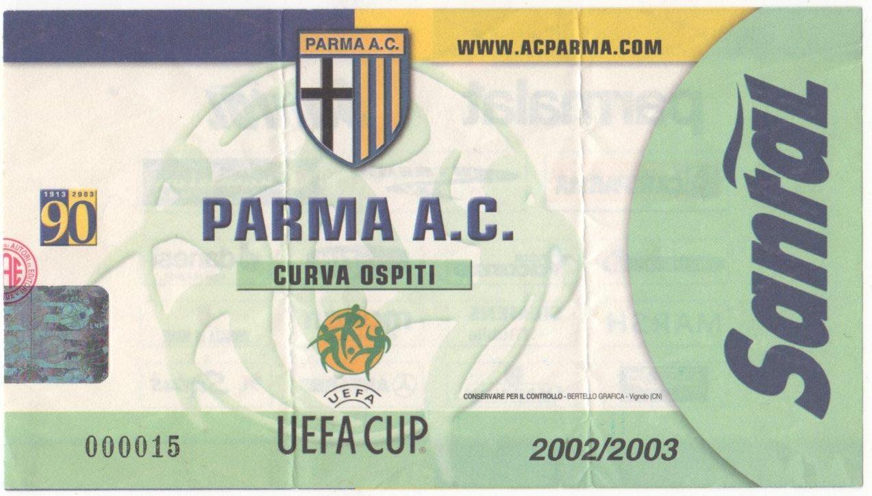 Билет матча Парма Италия - ЦСКА. 3 октября 2002 г. Кубок УЕФА. Квалификация.