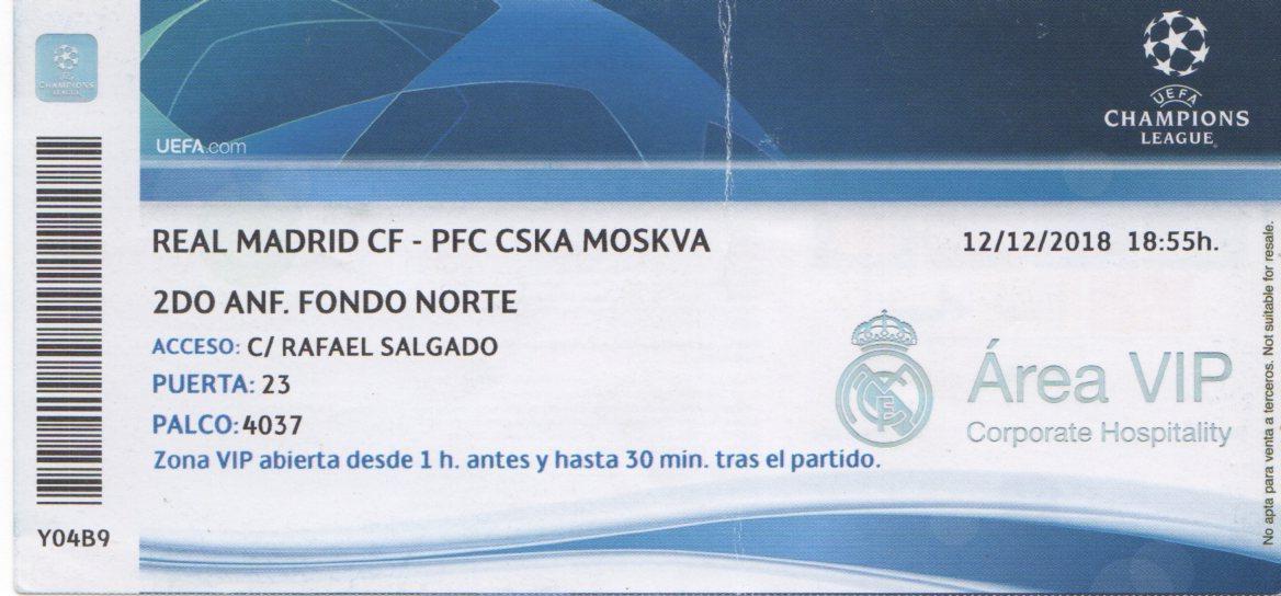 Билет матча Реал Мадрид - ЦСКА. 12 декабря 2018 г. Группа D Лиги Чемпионов УЕФА.