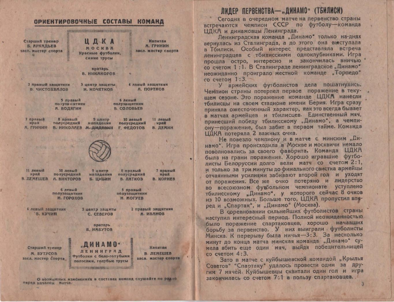 Программка матча Динамо Ленинград - ЦДКА (ЦСКА). 8 июня 1948 года. Ленинград. 2