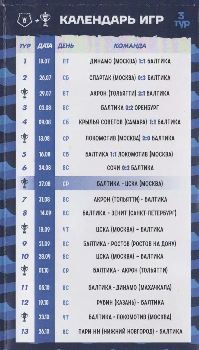 Программка Балтика Калининград - ЦСКА 27 августа 2025 г. Кубок России. Ростех. 1
