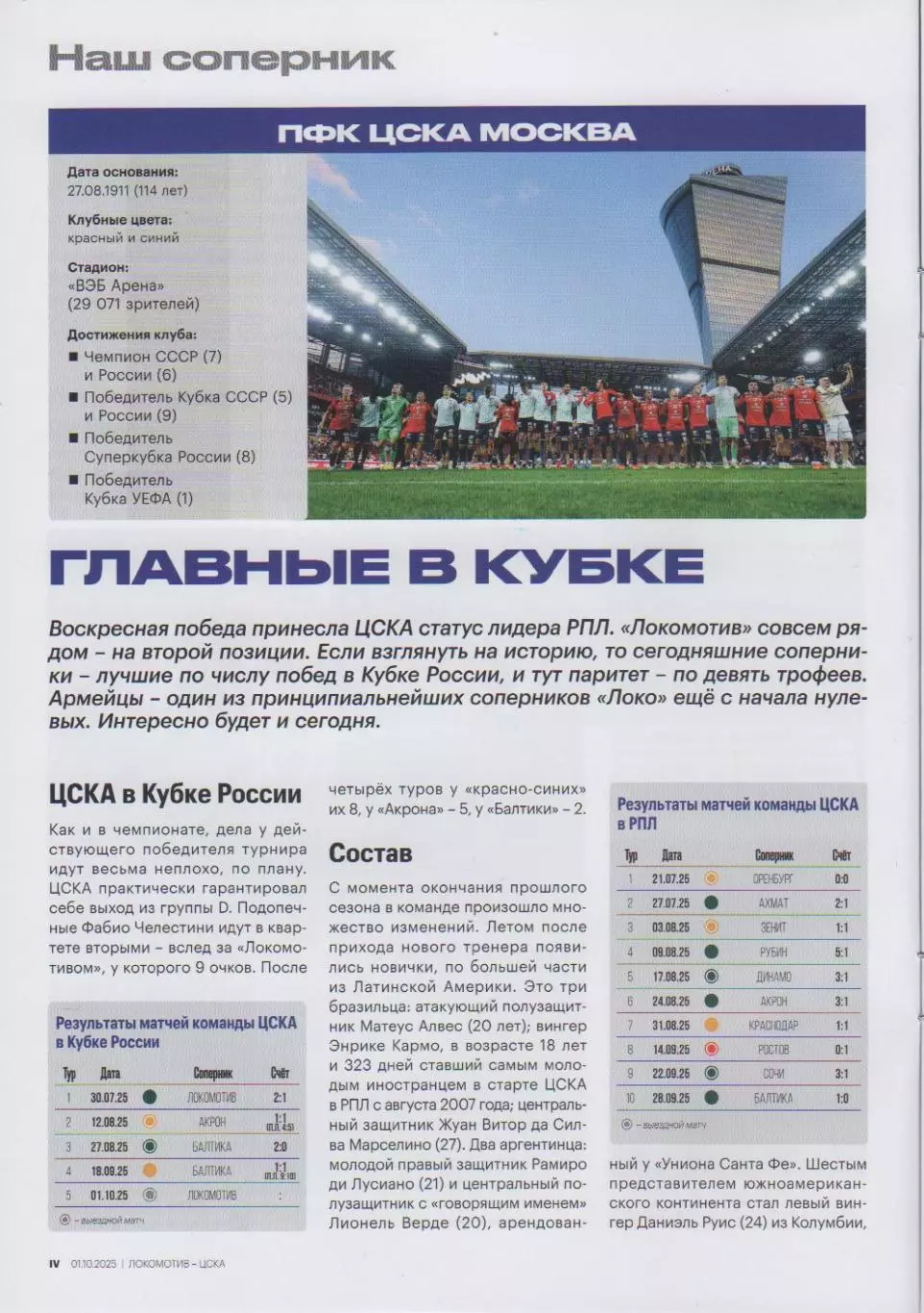 Программка матча Локомотив Москва - ЦСКА. 01 октября 2025 года. 3