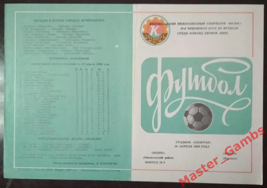 Колос Никополь - Факел Воронеж 1986