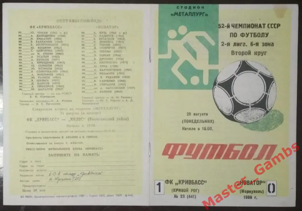 Кривбасс Кривой Рог - Новатор Мариуполь 1989
