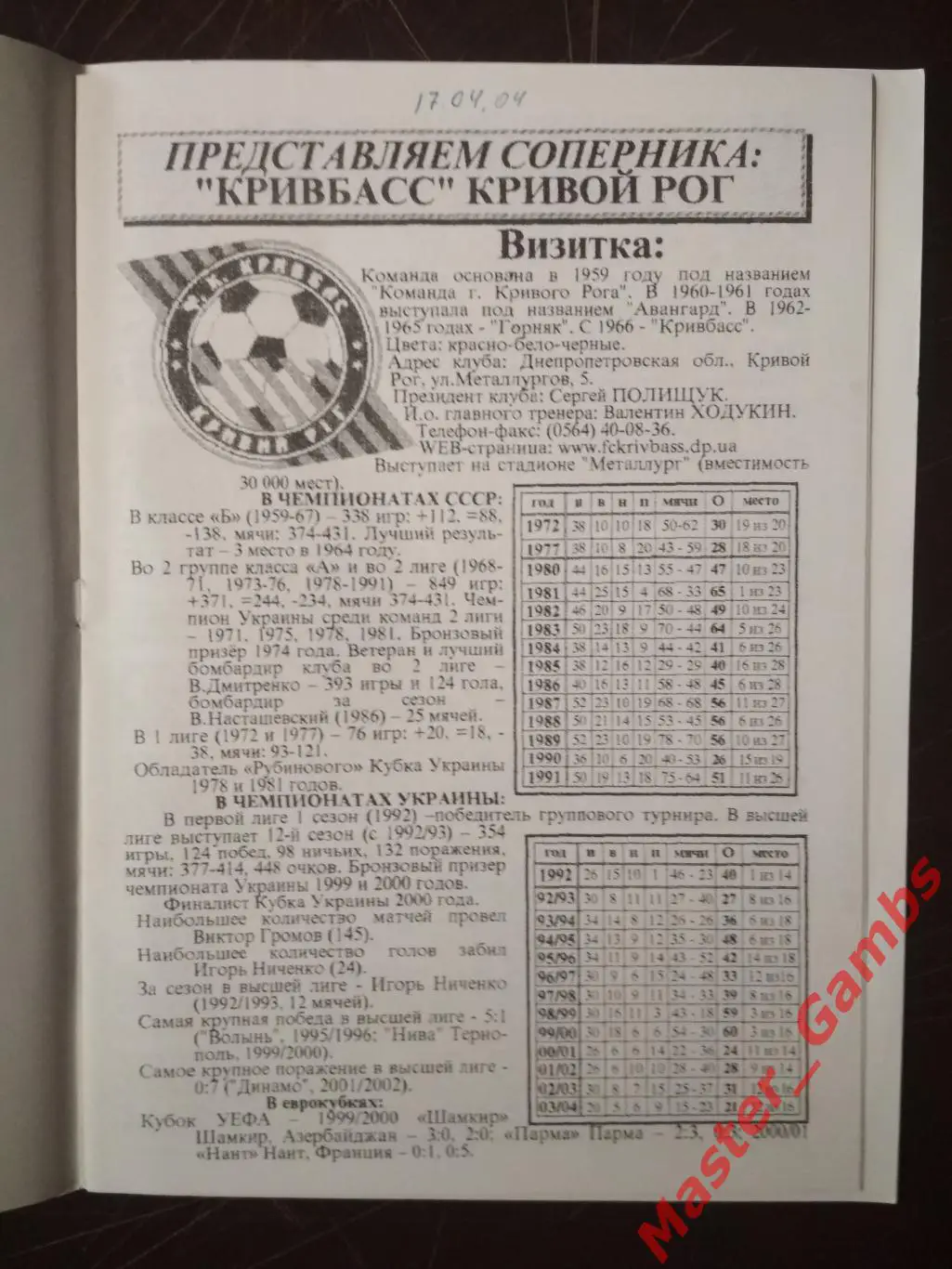 Черноморец Одесса - Кривбасс Кривой Рог 2003/2004 1