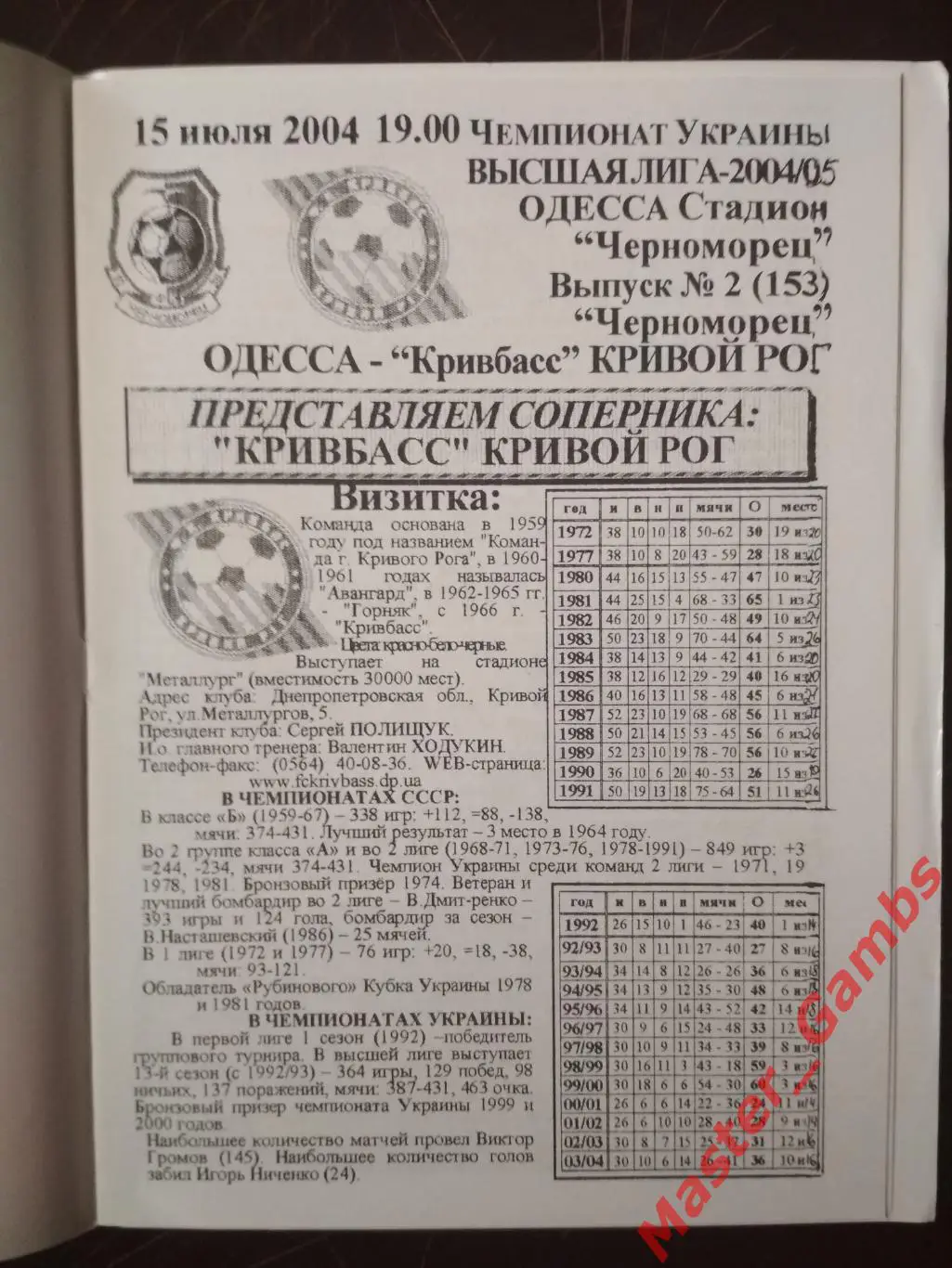 Черноморец Одесса - Кривбасс Кривой Рог 2004/2005 1