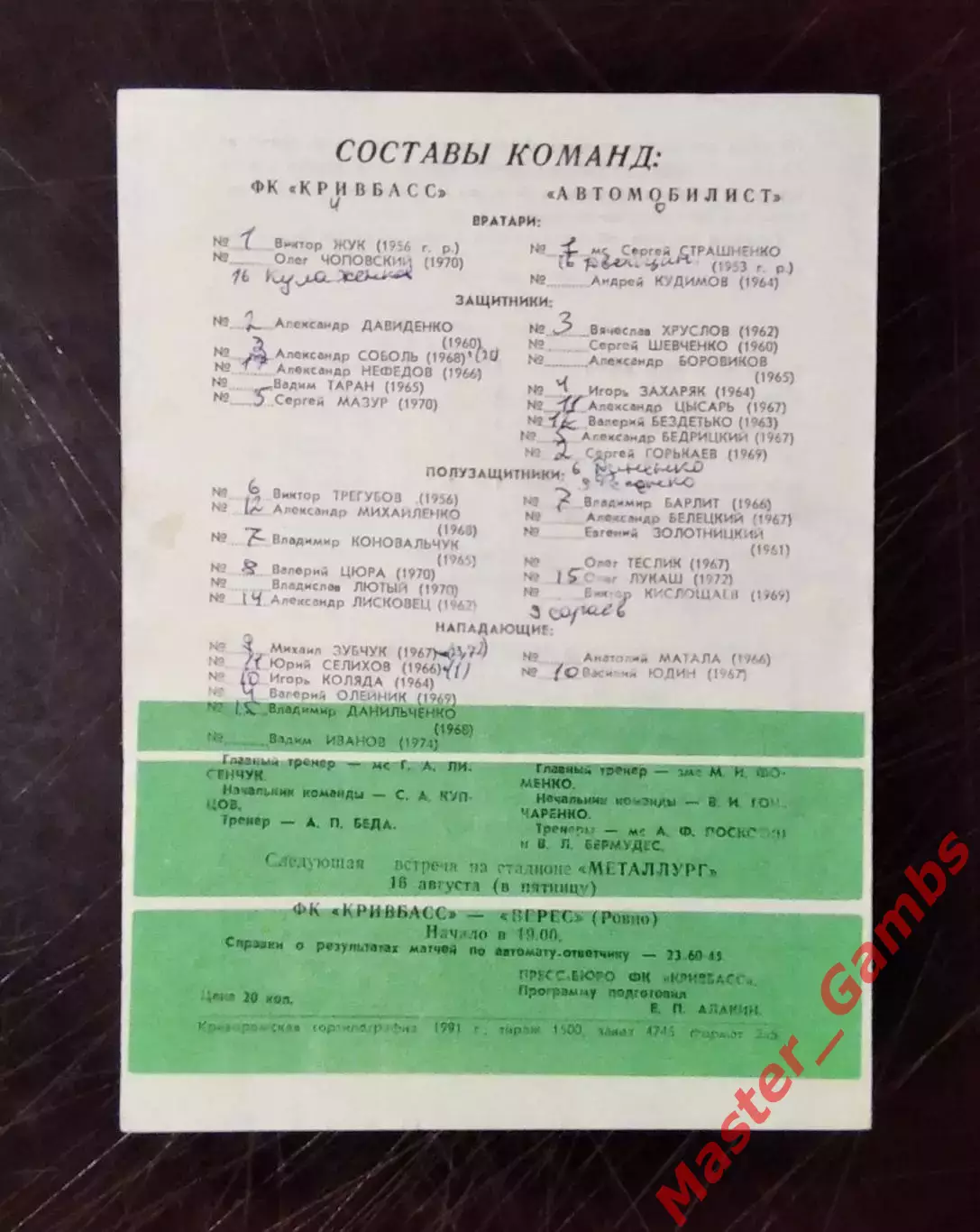 Кривбасс Кривой Рог - Автомобилист Сумы 1991 1