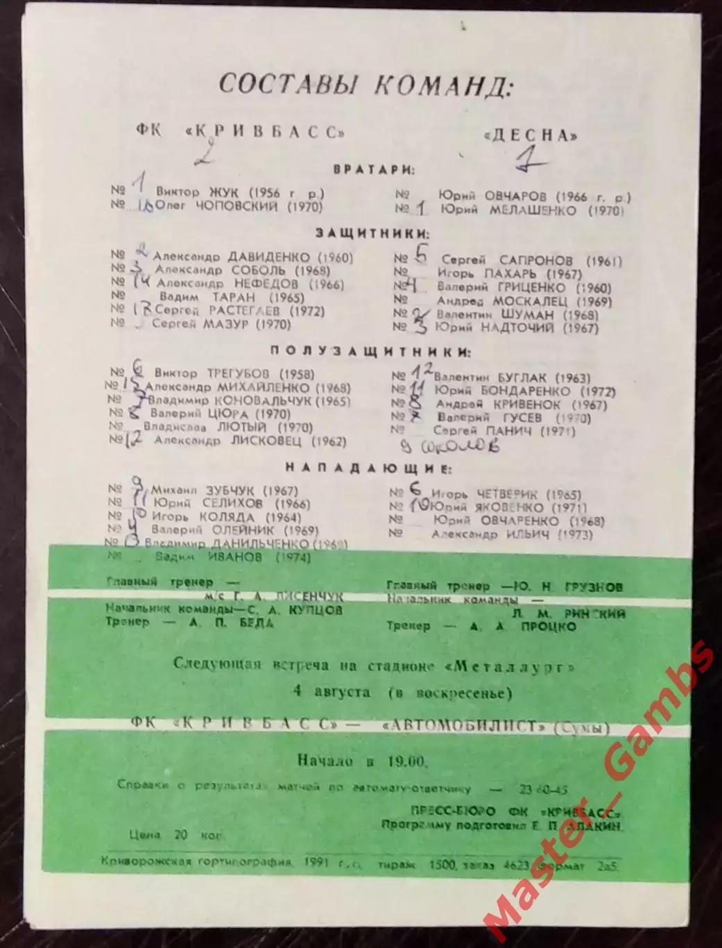 Кривбасс Кривой Рог - Десна Чернигов 1991 1