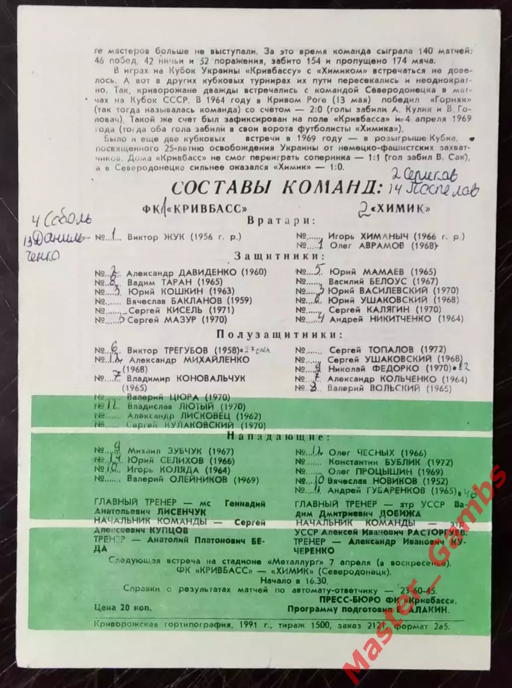 Кривбасс Кривой Рог - Химик Северодонецк 1991 кубок 1/16 1